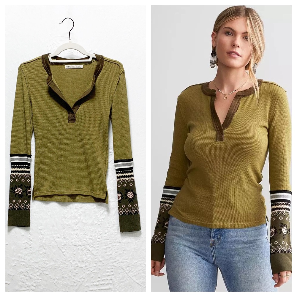 Free People Mikah Notch Neck Thermal Top in Army Combo Sz XS